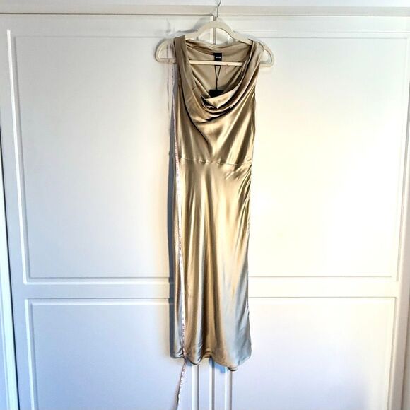 NWT BOSS “Dawida” satin cowl neck midi dress in champagne gold Size 6 - Picture 12 of 14